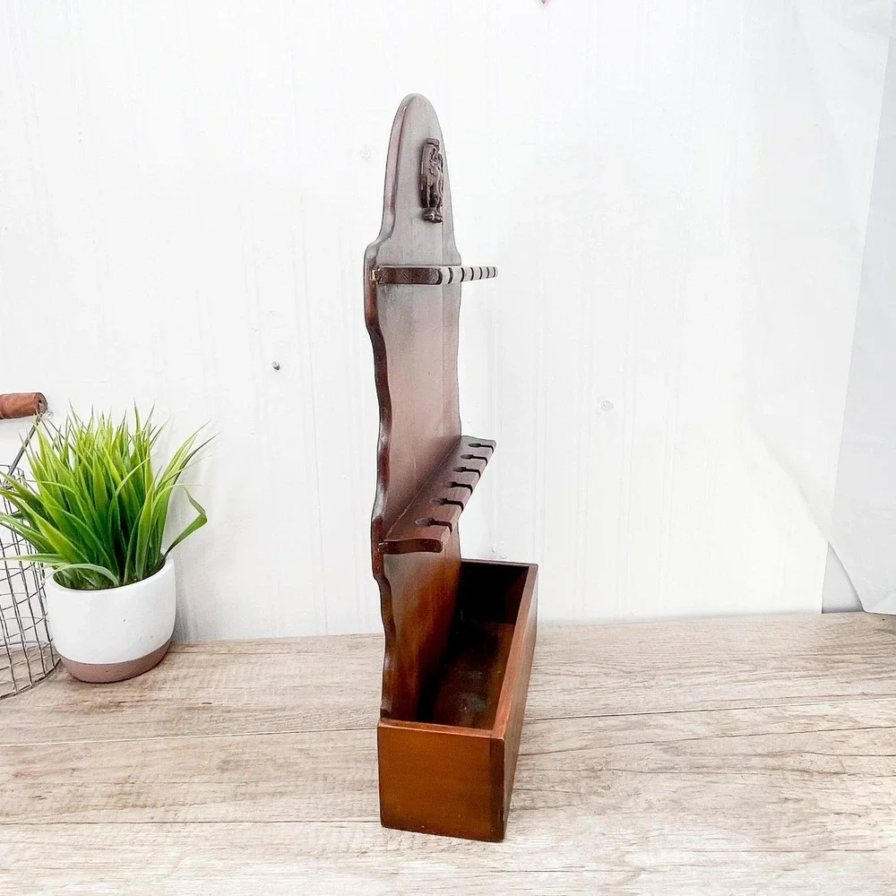 Vintage Wood Spoon Rack - 12 Spoon Display with Pocket Shelf